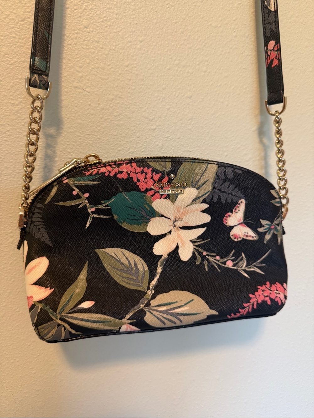 kate spade Black Floral Butterfly Crossbody Bag with Gold Chain